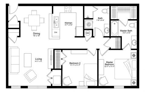 Floor plan for 2 beds, 2 baths, 1092 sqft